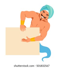 Genie smile and points by a hand to a board, sheet of paper, poster. East fantastic spirit in a turban with a beard and moustaches. Decoration for page corner. Cartoon isolated from background.