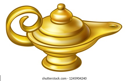 A genie style gold magic lamp like in the story pantomime Aladdin 