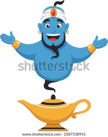 The genie transforms from lamp to floating figure with joy.