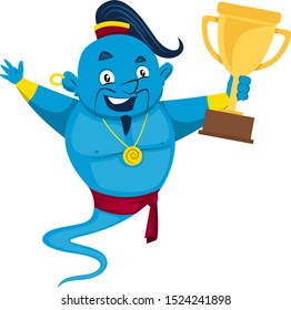 Genie con trofeo, ilustración, vector sobre fondo blanco.