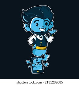 Genie vector character illustration coming out of the cellphone