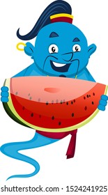 Genie with watermelon, illustration, vector on white background.