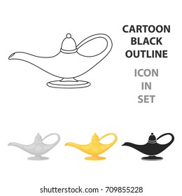 Genie's lamp icon in cartoon style isolated on white background. Black and white magic symbol stock vector illustration.