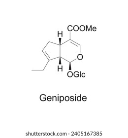 Geniposide skeletal structure diagram.Monoterpenoid compound molecule scientific illustration on white background.