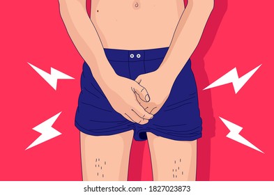 Genital pain - Man holding hand in front of private parts feeling discomfort from disease and inflammation. Venereal diseases, testicular problems and cancer concept. Vector illustration.