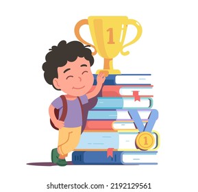 Genius boy kid standing next to big stack of books amd textbooks he read with gold cup throphy and first place medal. Proud happy smiling schoolboy student reader child charater vector illustration