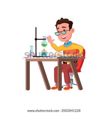 genius boy kid testing chemical theory in lab cartoon vector. genius boy kid testing chemical theory in lab character. isolated flat cartoon illustration