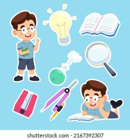 Genius Junge lesen Buch und Set von Stationery-Elementen für Studenten für Bildung und Wissensobjekte, Studien-und Lernartikel im Cartoon-Stil, Vektorgrafik.