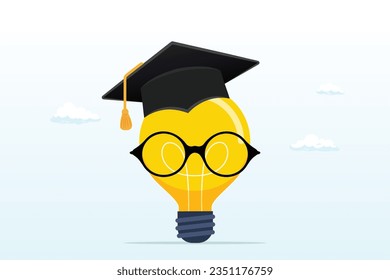 Genius bright light bulb wearing eyeglasses and graduation hat or mortar board, education or knowledge is power to build creativity, idea or solution, academic or training course (Vector)