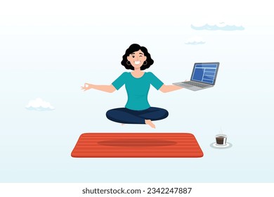 Genius businesswoman sitting meditate working with computer laptop floating in the air, business guru or expertise, professional advisor or consultant, smart thinking to solve problem concept (Vector)