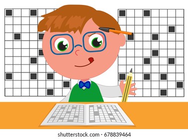 Genius champion of crosswords, cartoon illustration vector