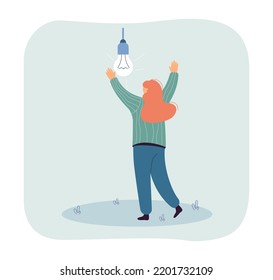 Genius creative idea of happy woman with light bulb. Tiny person brainstorming to find answer flat vector illustration. Solution, electricity concept for banner, website design or landing web page