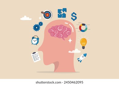 Genio o experto para desarrollar o aprender nuevas habilidades, lluvia de ideas, conocimiento o sabiduría, competencia o inteligencia para mejorar el concepto de capacidad, cerebro humano con Elementos de gestión de negocios de éxito.