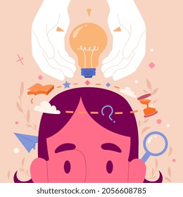 Genius hour. Creative man brainstorms, looks for innovative ideas and comes up with different ways to achieve success. Smart entrepreneur. Cartoon flat vector illustration isolated on pink background