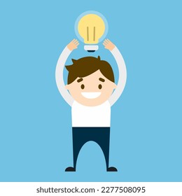 Genius idea man. businessman with pointing to the bulb. businessman gets an idea. Vector flat design illustration.