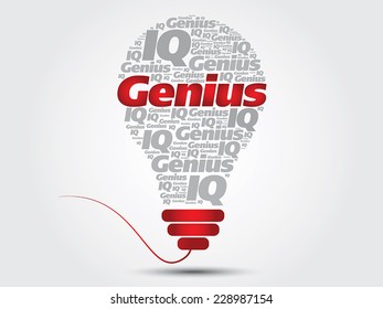 Genius info-text graphics and arrangement bulb concept on gray background, word cloud