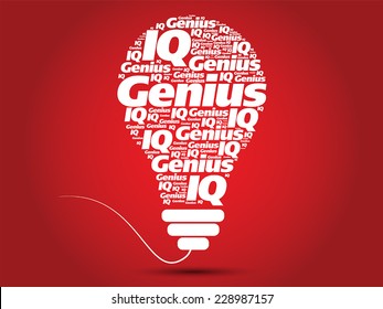 Genius info-text graphics and arrangement bulb concept on red background, word cloud