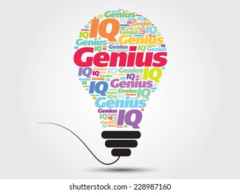 Genius info-text graphics and arrangement bulb concept on gray background, word cloud