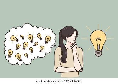 Genius, innovation, Creativity concept. Thoughtful positive girl student standing holding hand under chin thinking for solution gathering ideas for best decision vector illustration 