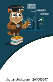 Genius Owl with Graduation Cap uses state of the art touchscreen computer to determine his career, lessons, class or future. Editable EPS10 vector and jpg illustration.