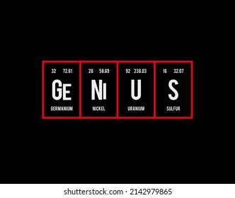 Genius - Periodic Table of Elements on black background in vector illustration. For periodic table poster, photo album, photo overlays, wall art, and t-shirts.