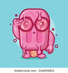 genius pink popsicle ice cream character mascot with think expression isolated cartoon in flat style design