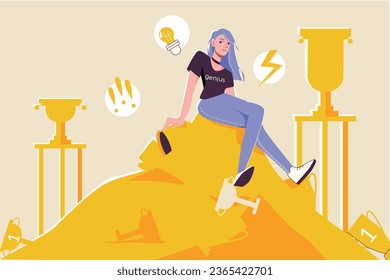 Genius prodigy flat composition with doodle style character of teenage girl sitting on top of trophies vector illustration