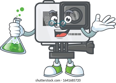 A genius Professor action camera cartoon character with glass tube