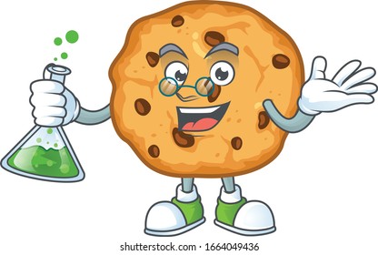 A genius Professor chocolate chips cookies cartoon character with glass tube