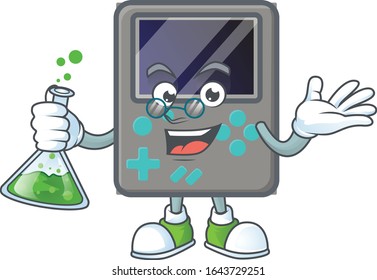 A genius Professor game console cartoon character with glass tube