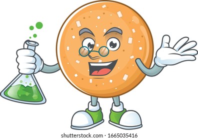 A genius Professor sugar cookies cartoon character with glass tube