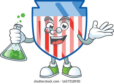 A genius Professor USA stripes shield cartoon character with glass tube
