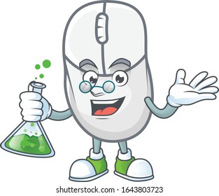 A genius Professor white mouse cartoon character with glass tube