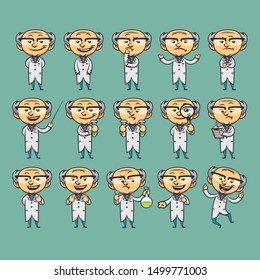 Genius scientist character. Human mascot illustration in 15 different poses