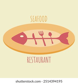 Genius simple fish sign for menu restaurant. spoon, fork and knife vector cartoon like bones isolated. concept sea food icon symbol flat design style on a plate. creative seafood or fishfood logo art