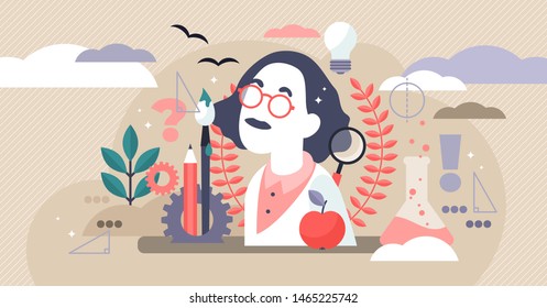 Genius vector illustration. Flat tiny smart scientific persons mind concept. Abstract formulas development and imagination. Wisdom thinking and engineering process. Physics brainstorm and research