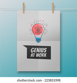 Genius at work poster like atom within lightbulb illustration and quote on a white folded sheet. Vector artwork concept.