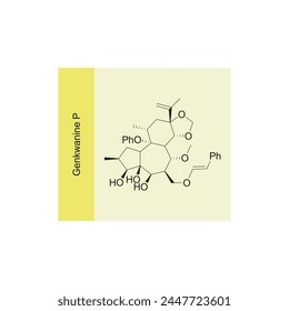 Genkwanine P skeletal structure diagram.Diterpenoid compound molecule scientific illustration on yellow background.