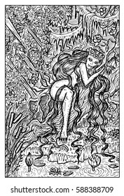 Genny Greenteeth, river hag. Swamp evil creature. Hand drawn vector illustration. Engraved line art drawing, black and white doodle. See all fantasy collection in my portfolio set.