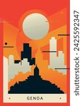 Genoa city brutalism poster with abstract skyline, cityscape retro vector illustration. Italy, Liguria town travel cover, brochure, flyer, leaflet, presentation design, template image