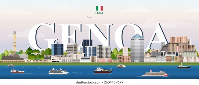 Genoa cityscape colorful vector illustration with big city name on the background. Travel trendy poster