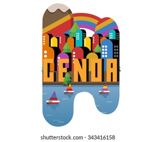 Genoa in italy is Beautiful city to visit on holiday, vector cartoon illustration