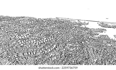 Genoa, Italy. Central part of the city. General panorama of the city with the port. Doodle sketch style. Aerial view