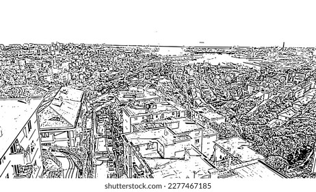 Genoa, Italy. Central part of the city. General panorama of the city with the port. Doodle sketch style. Aerial view