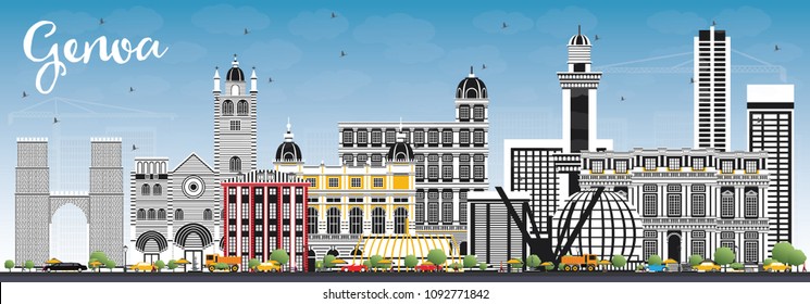 Genoa Italy City Skyline with Color Buildings and Blue Sky. Vector Illustration. Business Travel and Tourism Concept with Modern Architecture. Genoa Cityscape with Landmarks.
