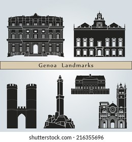 Genoa landmarks and monuments isolated on blue background in editable vector file