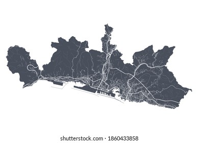 Mapa de Génova. Mapa vectorial detallado del área administrativa de la ciudad de Génova. Vista de la aria metropolitana de Cityscape poster. Tierra oscura con calles blancas, caminos y avenidas. Fondo blanco.