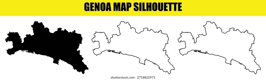 O sortimento de silhuetas do mapa de Gênova fornece uma forma de preenchimento preto, uma forma de preenchimento branco e uma forma de contorno. Ideal para design gráfico, mapas de localização e ilustrações vetoriais.