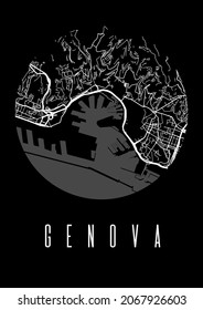 Genoa map vector black poster. Round circular view, street map of Genoa city illustration. Cityscape area panorama silhouette aerial view, typography style. Land, river, highways, avenue.