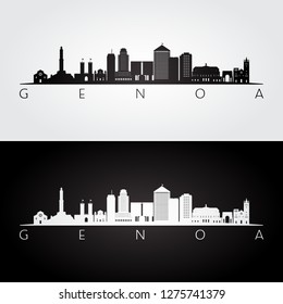 Genoa skyline and landmarks silhouette, black and white design, vector illustration.